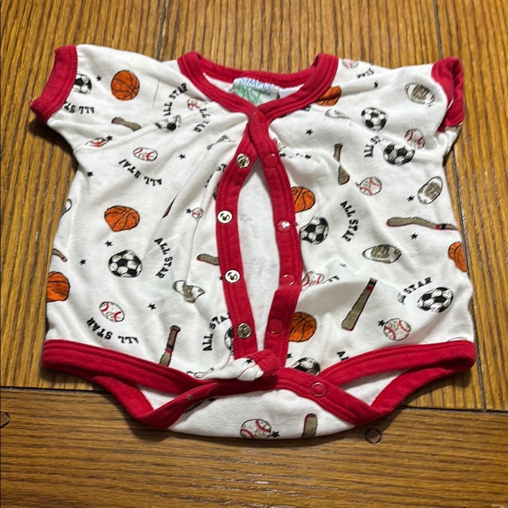 Sports Themed Baby Onesie with Red Trim